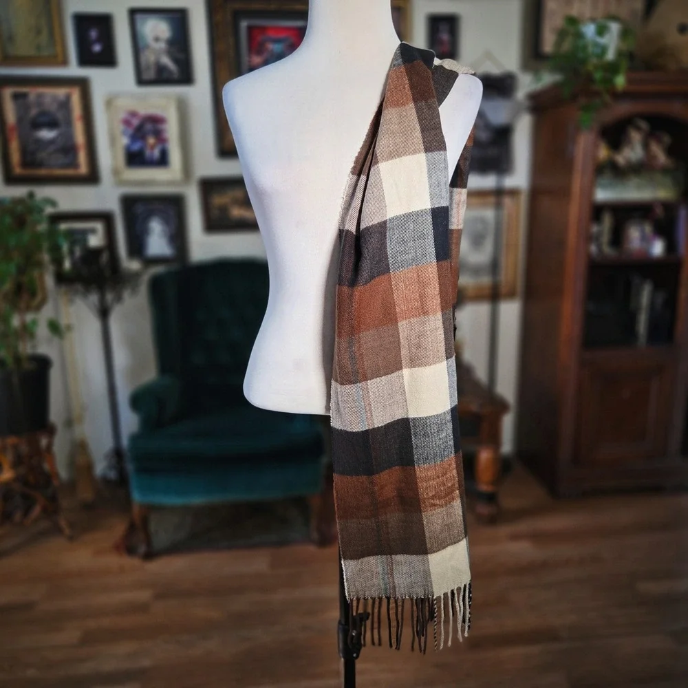 Scarf Brown Plaid Cashmere-Feel Acrylic Soft Winter Neckwear Fringe Wrap Unisex
